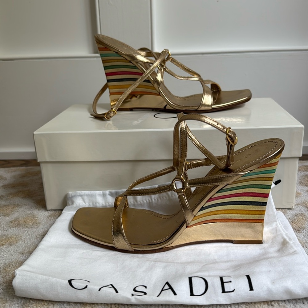 Casadei Gold Wedge Heel Strappy Sandals